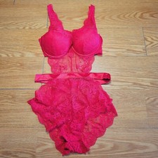Fredericks of Hollywood Lingerie Teddy Bodysuit One Piece Size Medium Red Lace