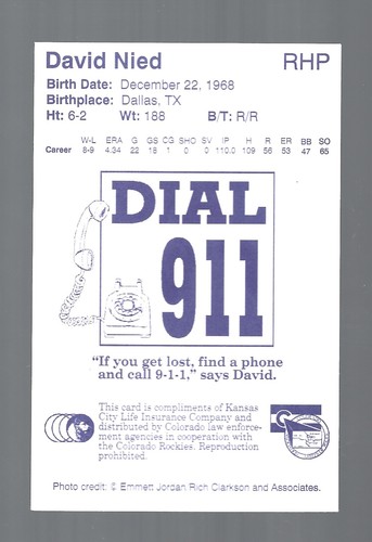 1994 Colorado Rockies Police VG David Nied Baseball Kansas City Life Insurance - Picture 2 of 2