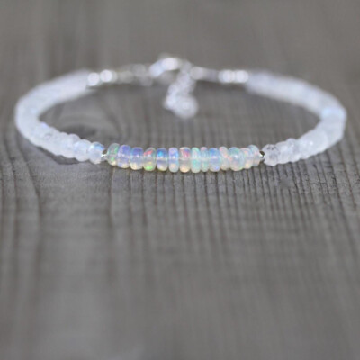 Natural White Rainbow Opal 3-5mm Faceted Rondelle Gemstone Beads Dainty Bracelet