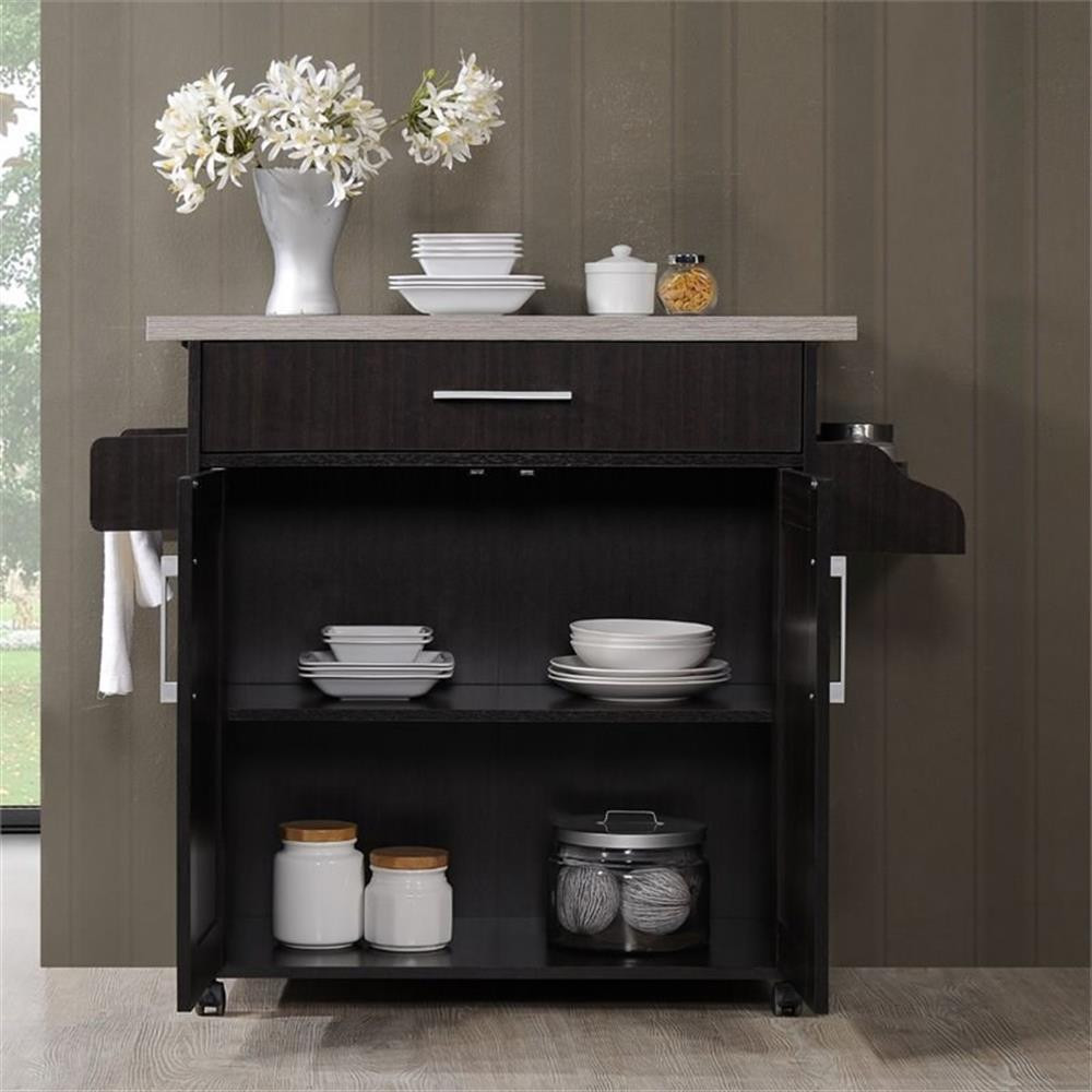 Hodedah HIK78CHOC-GREY Kitchen Island with Storage Wheels