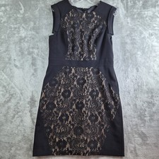 Adrianna Papell Sheath Dress 14 Black Sleeveless Lace Illusion Cocktail Elegant