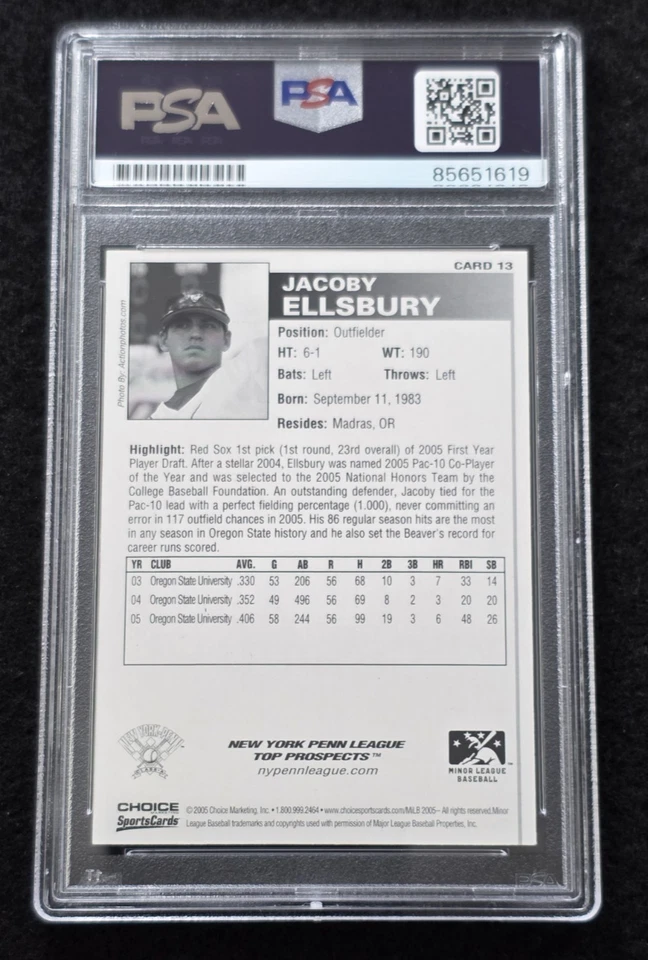 2005 JACOBY ELLSBURY Signed ROOKIE Baseball Card-YANKEES-BOSTON RED SOX-PSA - Image 4 of 4