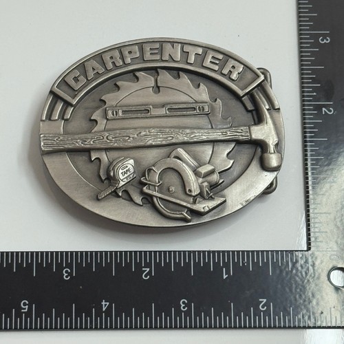 Siskiyou Carpenter Belt Buckle 1991 Pewter Hammer Saw Tape Measure Tool Design - Picture 11 of 11