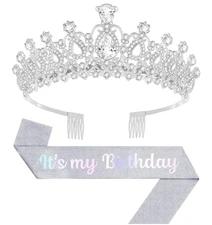 Birthday Tiara and Crown with Sash, Birthday Tiara for Women Party (Silver)