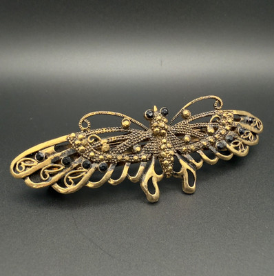 Vintage Gold Tone Metal Butterfly Hair Clip with Black Rhinestone Barrette 4.25''