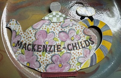 MacKenzie Childs Teapot with Tea Bag Shaped Promotional Paper Myrtle  Vintage