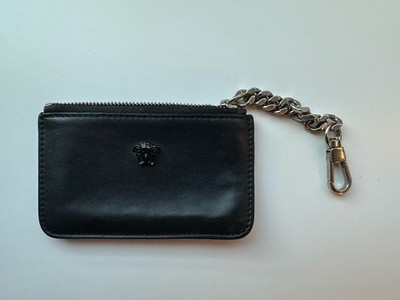 VERSACE COIN POUCH ZIPPER BLACK LEATHER GENUINE AUTHENTIC DESIGNER KEY CHAIN