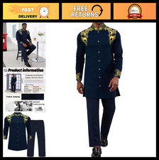 Men's Long African 2-Piece Dashiki Suit Set - Metallic Gold Print Shirt Pants