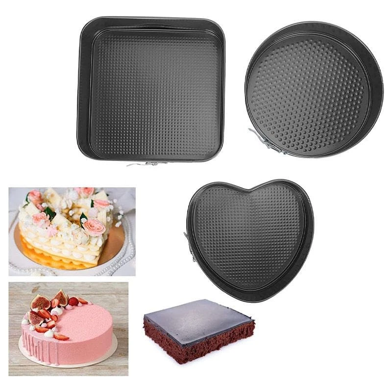 Springform Heart Shaped Cake Pans Round Square Non Stick 3 Pack Baking Set