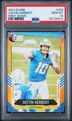 2021 Panini Score #233 Justin Herbert First Down Gold 10/10 PSA 10 JERSEY MATCH