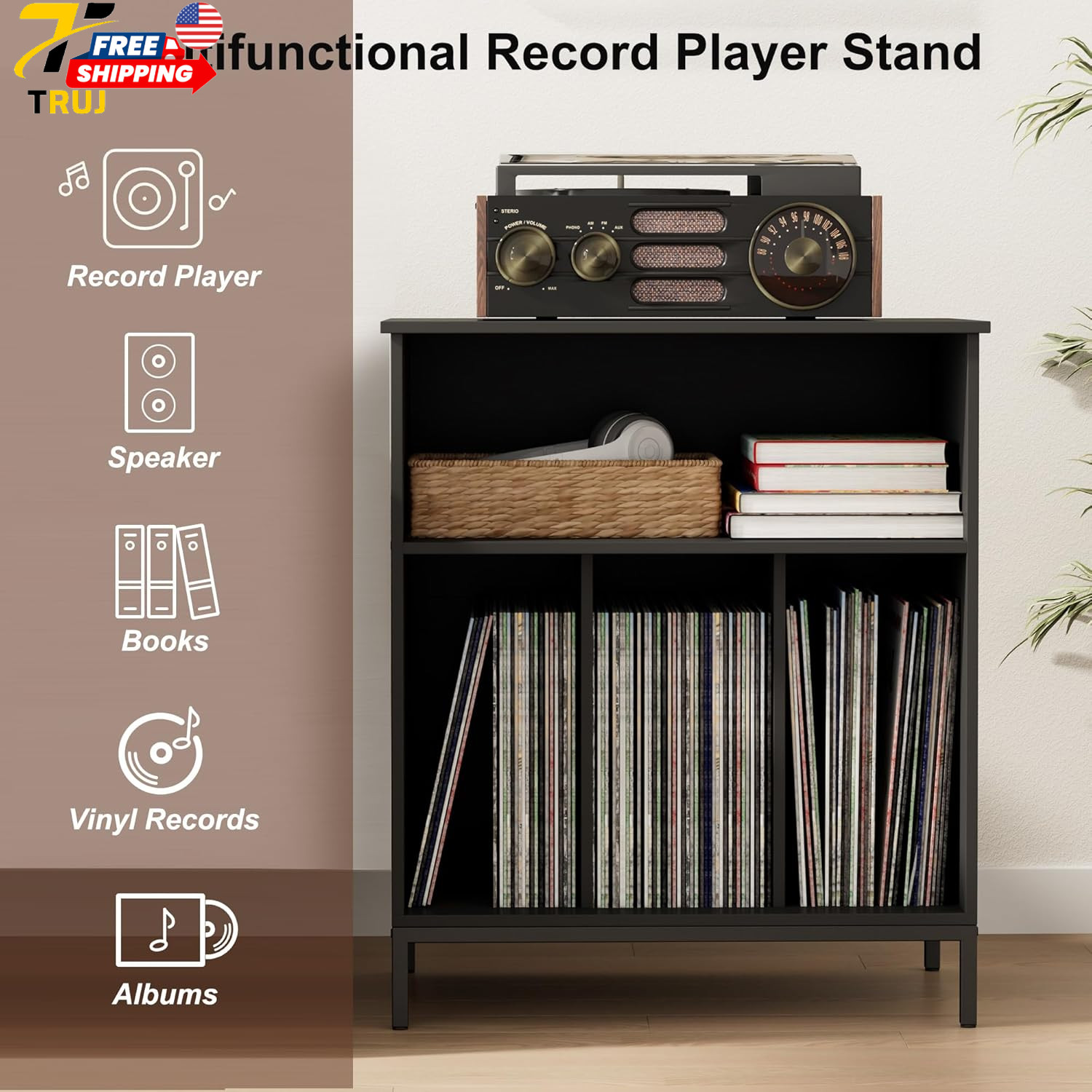 Record Player Stand Vinyl Storage Cabinet Large Record Holder Modern Stereo 23.6