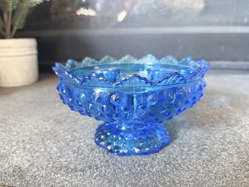 Vintage FENTON Colonial Blue Hobnail Glass Six-Candle Holder Pedestal Bowl EUC