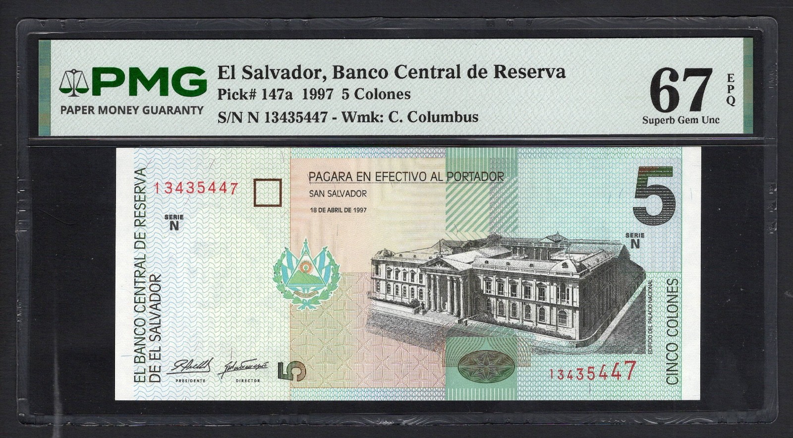 El Salvador 5 Colones 18-4-1997 P147a Uncirculated Grade 67