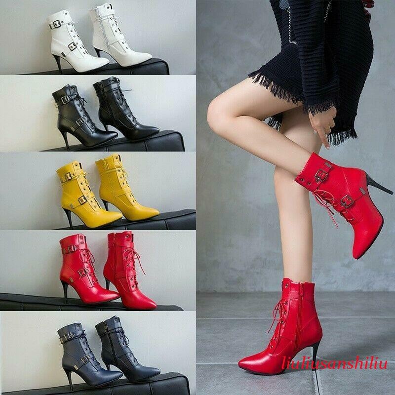 Women's Pointy Toe Ankle Boots Buckle Shoes Stiletto Heel Lace Up Zip Oversize