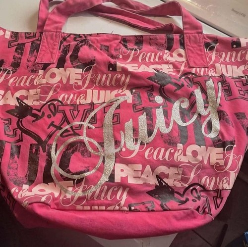Juicy Couture Pink Logo Tote Bag Peace Heart Love Glitter Zip Lined Pockets
