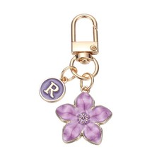 Cute Flower Keychain Letter-R Initial Keychain Charm for Women Purple