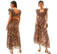 HOUSE OF HARLOW 1960 Boho Floral Open Tie  Back Maxi Ruffle Dress Cotton Medium