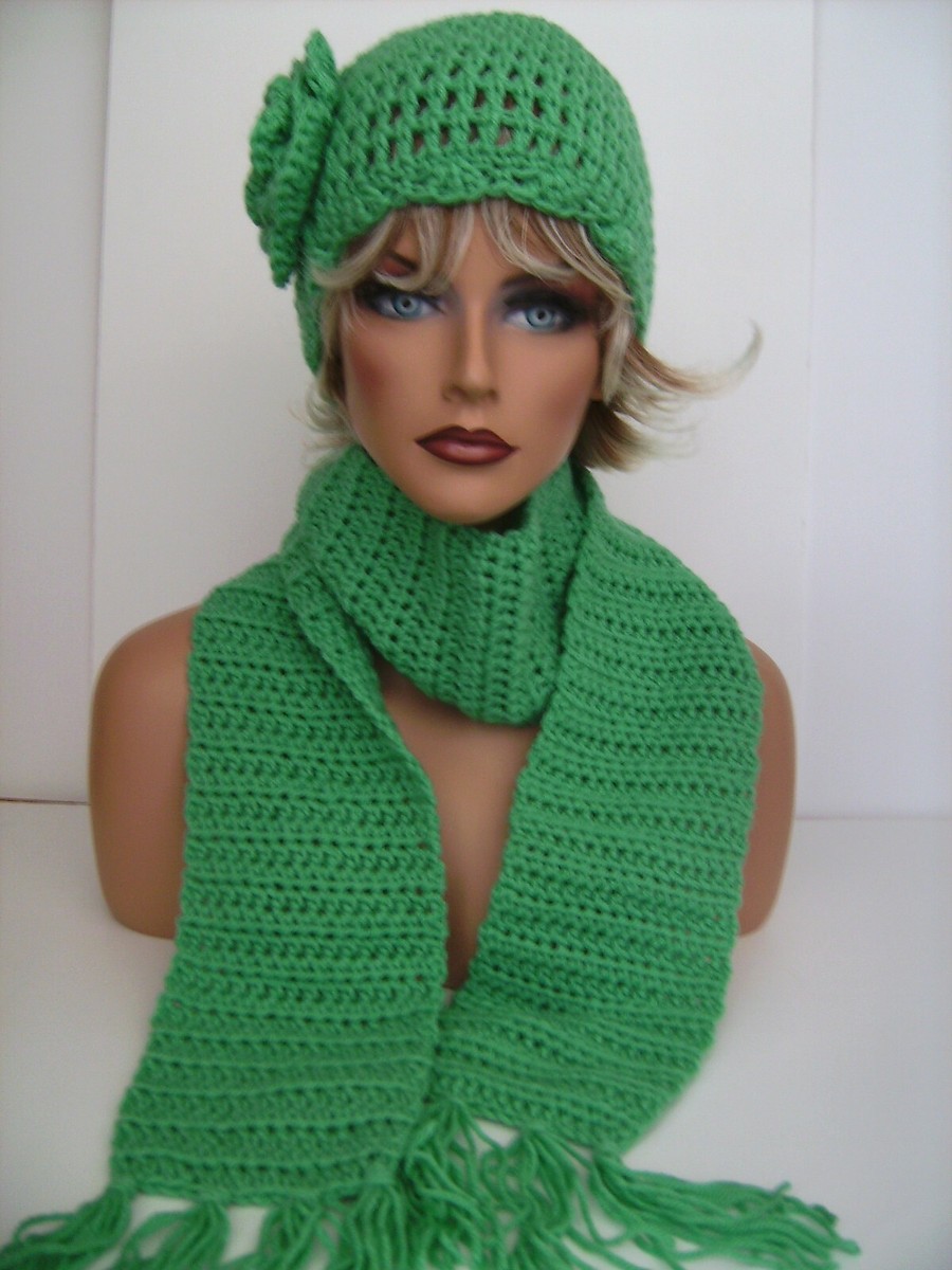 Crochet Beanie Knit Hat With Flower On Side NEW CROCHET JADE GREEN