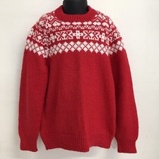 Handknit Children's Pullover Sweater Red  White Fair Isle Acrylic Knit Size 6-7