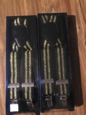 Gold Stripe Work Suspenders Elastic Adjustable Clip On Y Back 2 Pack