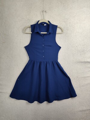 H M Divided Women Dress 4 Blue Poly Blend Sleeveless Collared A Line Fit Mini