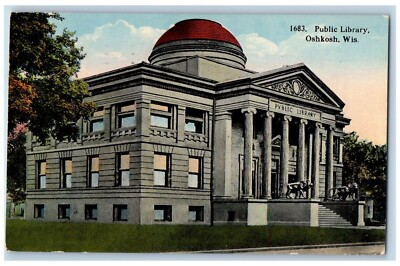 #ad Oshkosh Wisconsin WI Postcard Public Library Building Scene Street 1918 Antique $12.97