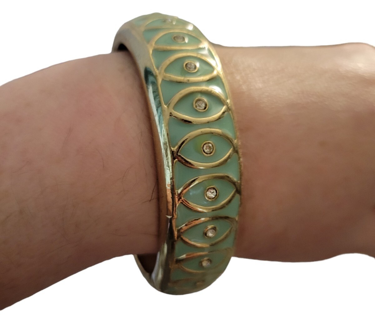 Sage Green Swirl Pattern Crystal Bracelet Clamper Hinged Silvertone