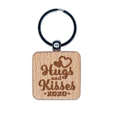 Hugs and Kisses XO Hearts Fun Text Engraved Wood Square Keychain Tag Charm