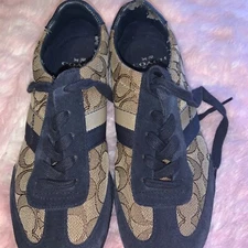 COACH Kelson Signature Jacquard Sneakers Khaki Beige Black Suede Sz 6