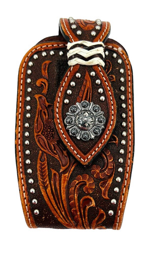Nocona Genuine Leather TAN & BROWN CELL PHONE CASE w/ Embossed Floral Stud Clip