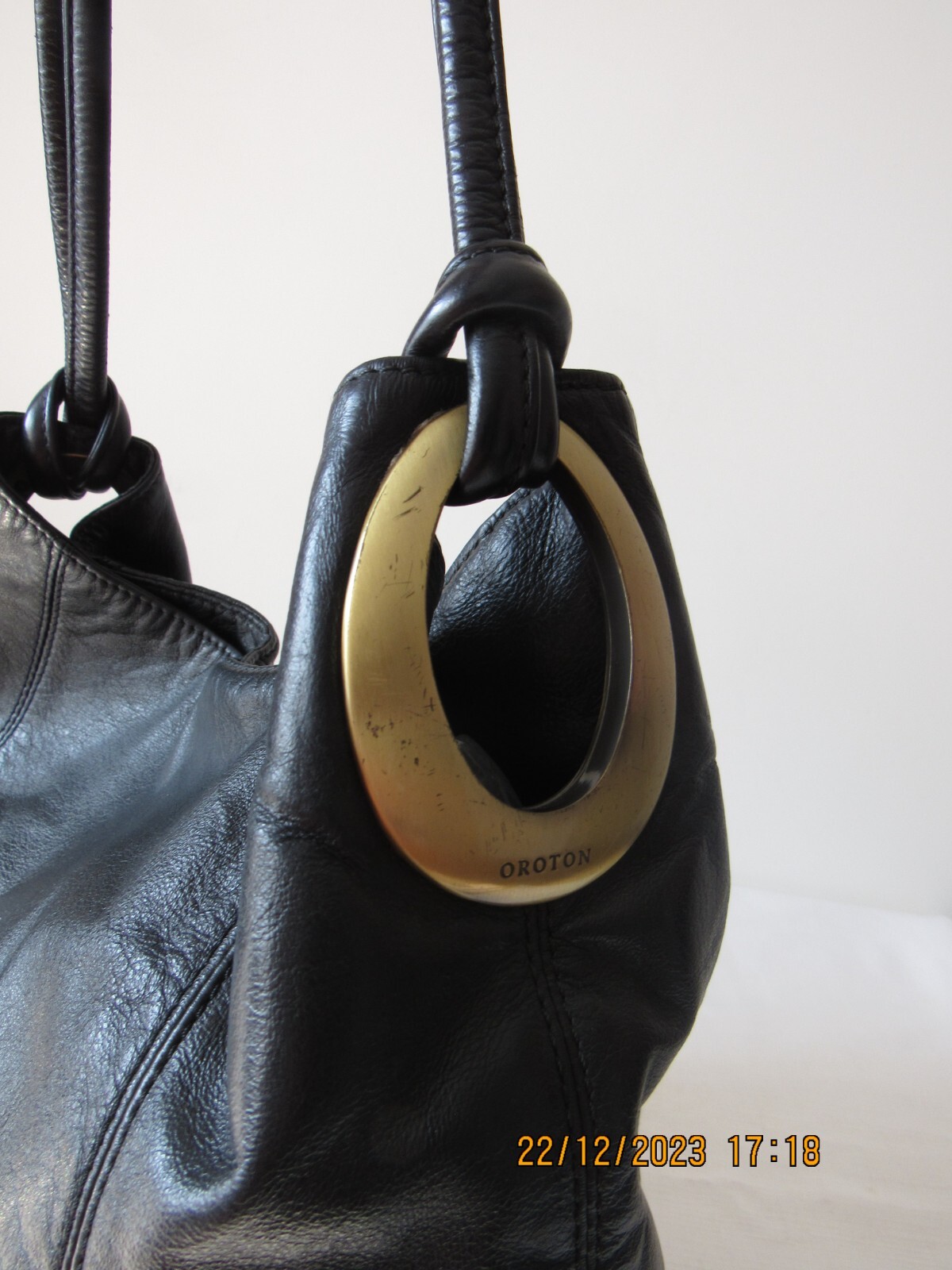 OROTON GENUINE Leather SHOULDER BAG Black with Brass EUC eBay