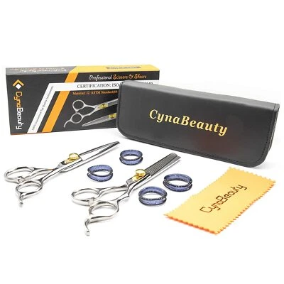 CYNAMED Professional Hair Barber Cutting Scissors Set W/Leather Case-Cutting & Thinning-