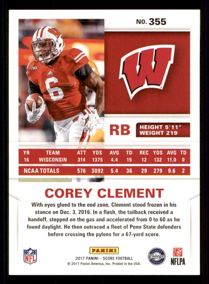 2017 Score #355 Corey Clement RC - Image 2 of 2