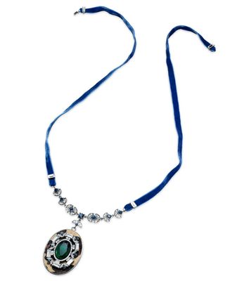 ABS by Allen Schwartz Blue Green Gem Leopard Haircalf Pendant Ribbon Necklace