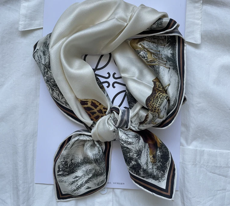 Pure 14 Momme Twill Silk Wrap Scarf Bandanna elephant Print Square Shawl 27"