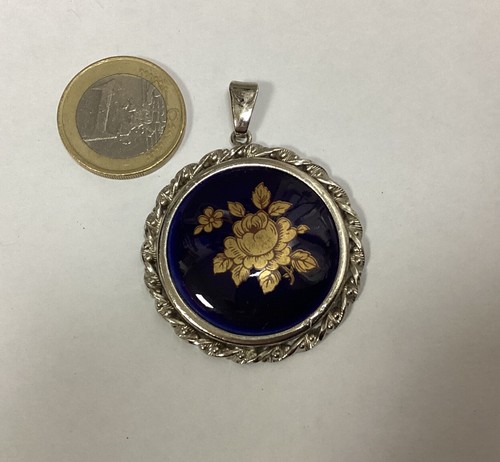 Pendentif Vintage LIMOGES Signé P.Pastaud - Motif Fleurs Bleu - Occasion