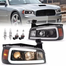 For 2006-2010 Dodge Charger Black LED Tube Projector Headlights Headlamps Pair