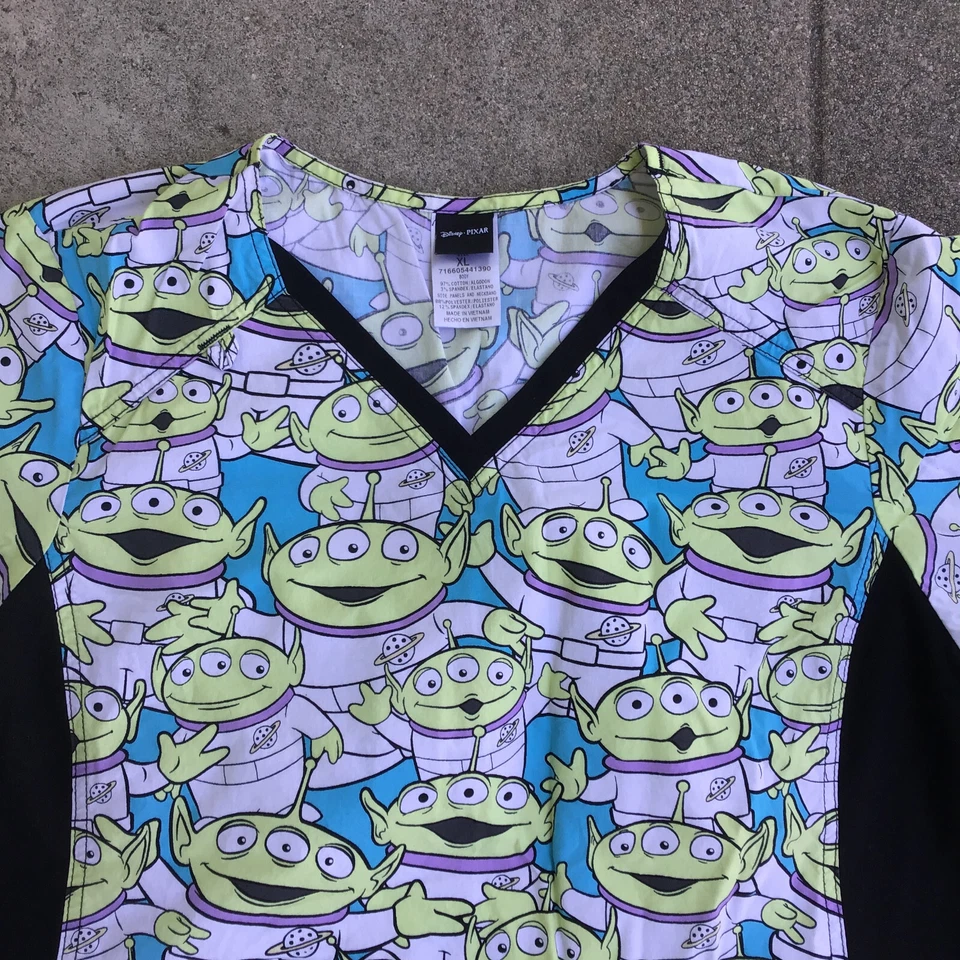 Disney Pixar Little Green Men Women XL Scrub Top Shirt - Image 3 of 4