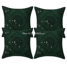 Bohemian Cotton Throw Pillow Covers Embroidered Green Mirrored Set Of 4 Cushion