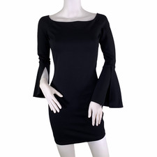 Lulus Marseille Bodycon OTS Slit Bell Sleeve Back Zip LBD Little Black Dress S