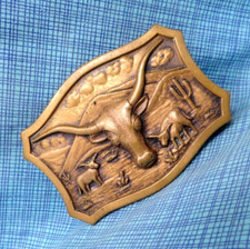 Southwestern Longhorn Belt Buckle Pressed Metal Vtg 50s LynTone Leavens .SHY385