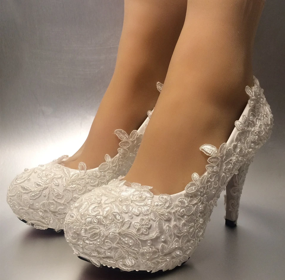 Su.cheny 3"" 4” Tacón Claro Marfil Blanco Perla Encaje Boda Novia Zapatos de Bomba Alta Foto 3 de 4