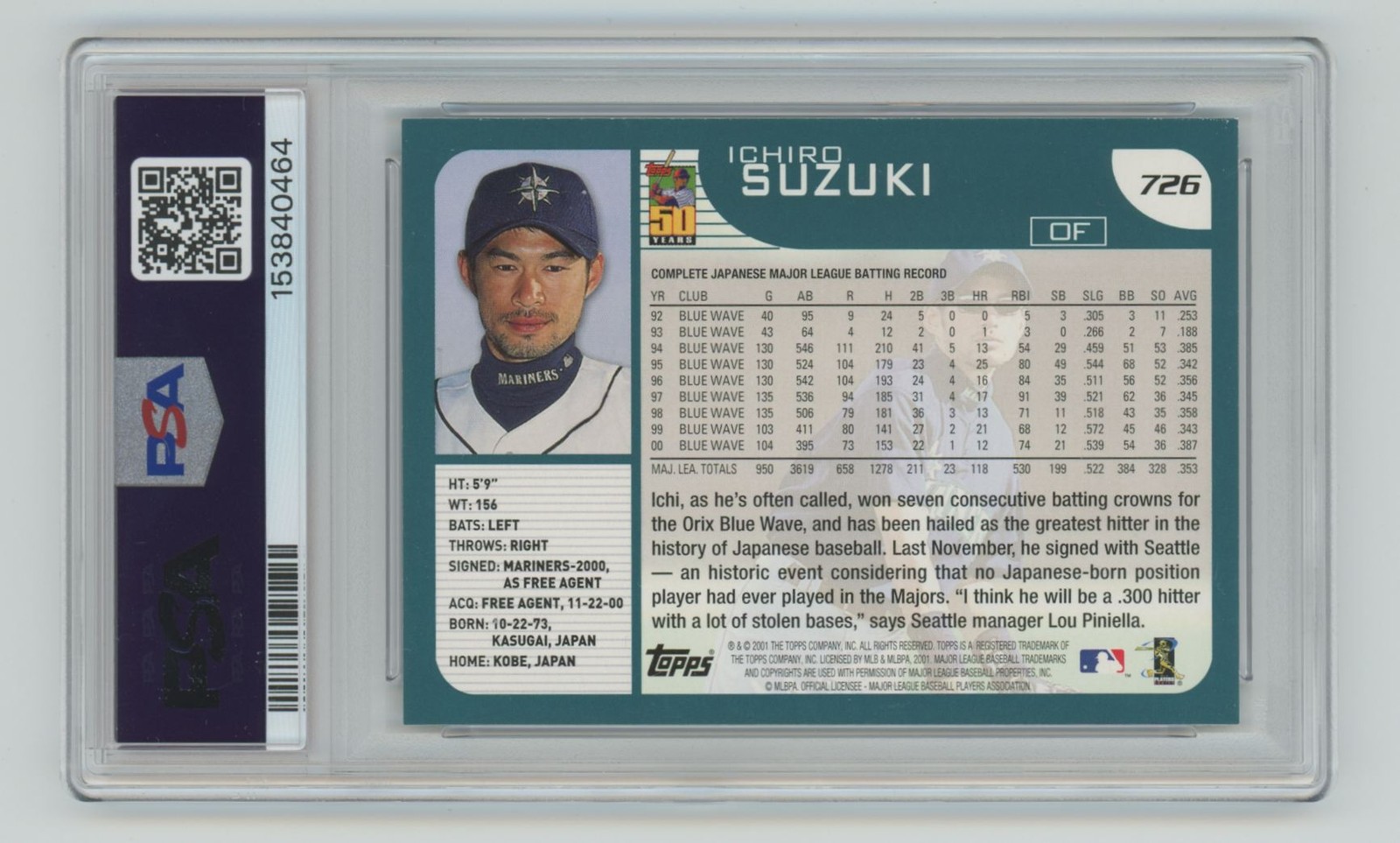 2001 Topps Ichiro Suzuki PSA 9 Seattle Mariners #726 C13 view 2
