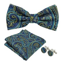Paisley Bow Tie Blue Yellow Pre Tied Adjustable Length Bow Tie Pocket Square ...