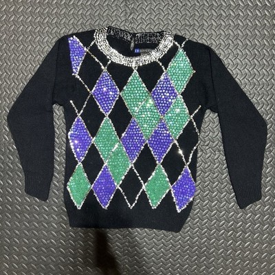 IB Diffusion Sweater Argyle Sequin Black Silk Long Sleeve 90s Women s Small