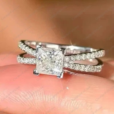 2.20CTW Princess Cut D VVS1 Moissanite Engagement Ring In 14K White Gold Plated