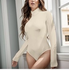 Women's Long Sleeve High Neck Beige Solid One Piece Bodysuit