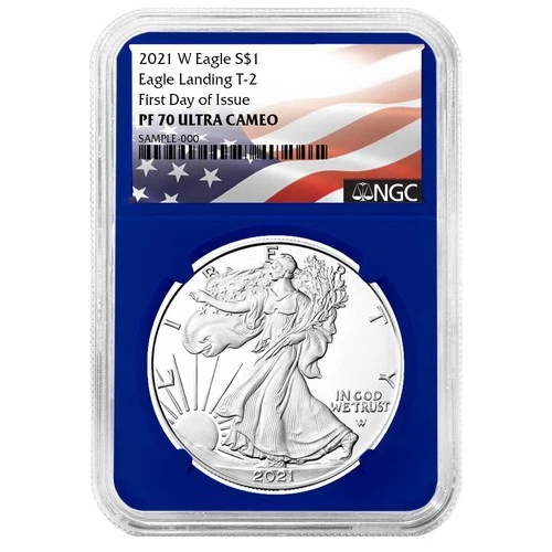 2021-W $1 1-oz T-2 Proof American Silver Eagle NGC PF70UC FDI Flag Label Blue