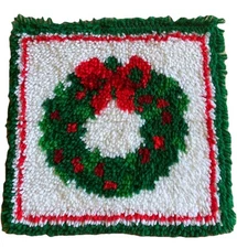 Vintage Christmas Wreath Latch Hook Rug Handmade- Finished 15” x 15” Festive