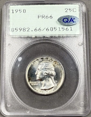 1950 Washington Quarter 25c - PCGS PR66 - OGH Rattler Holder QA Sticker